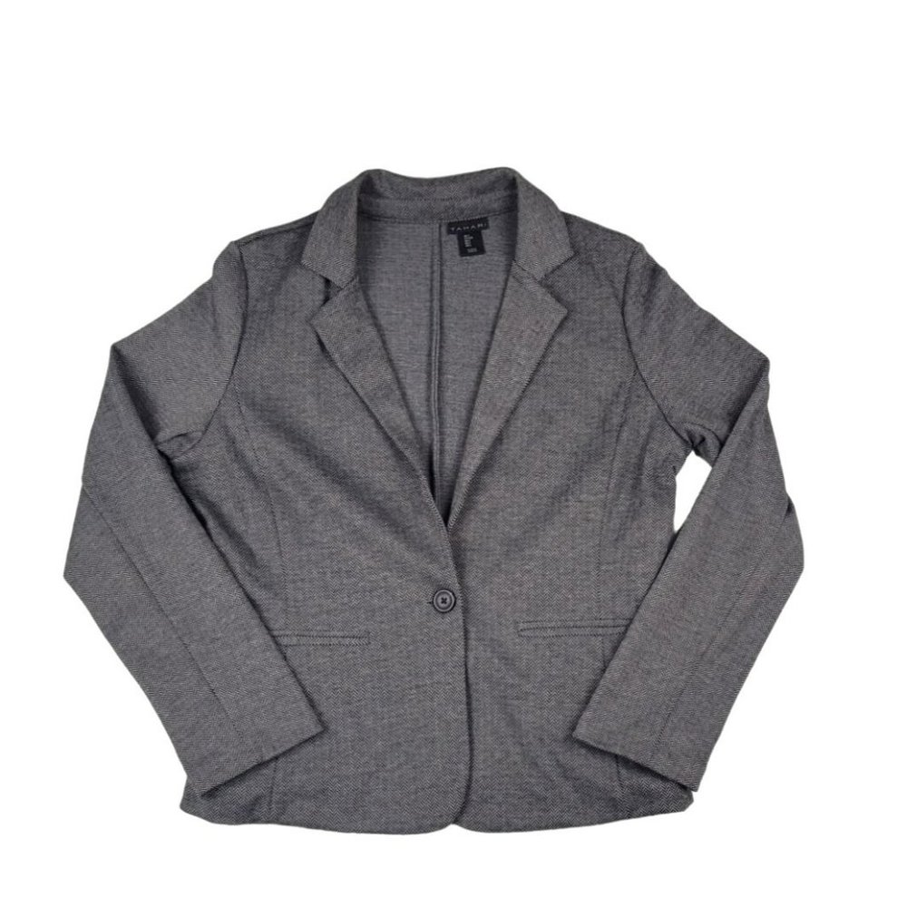 Tahari Blazer Women's Size Large Gray Herringbone Pattern One Button Knit Jacket